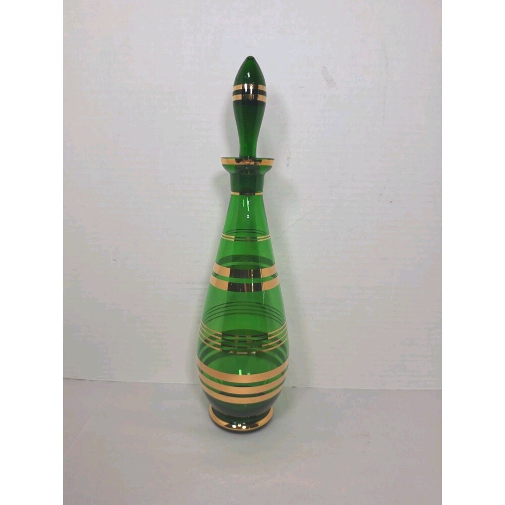 Vintage 13" Bohemian Glass Decanter Green W/ Gold Bands